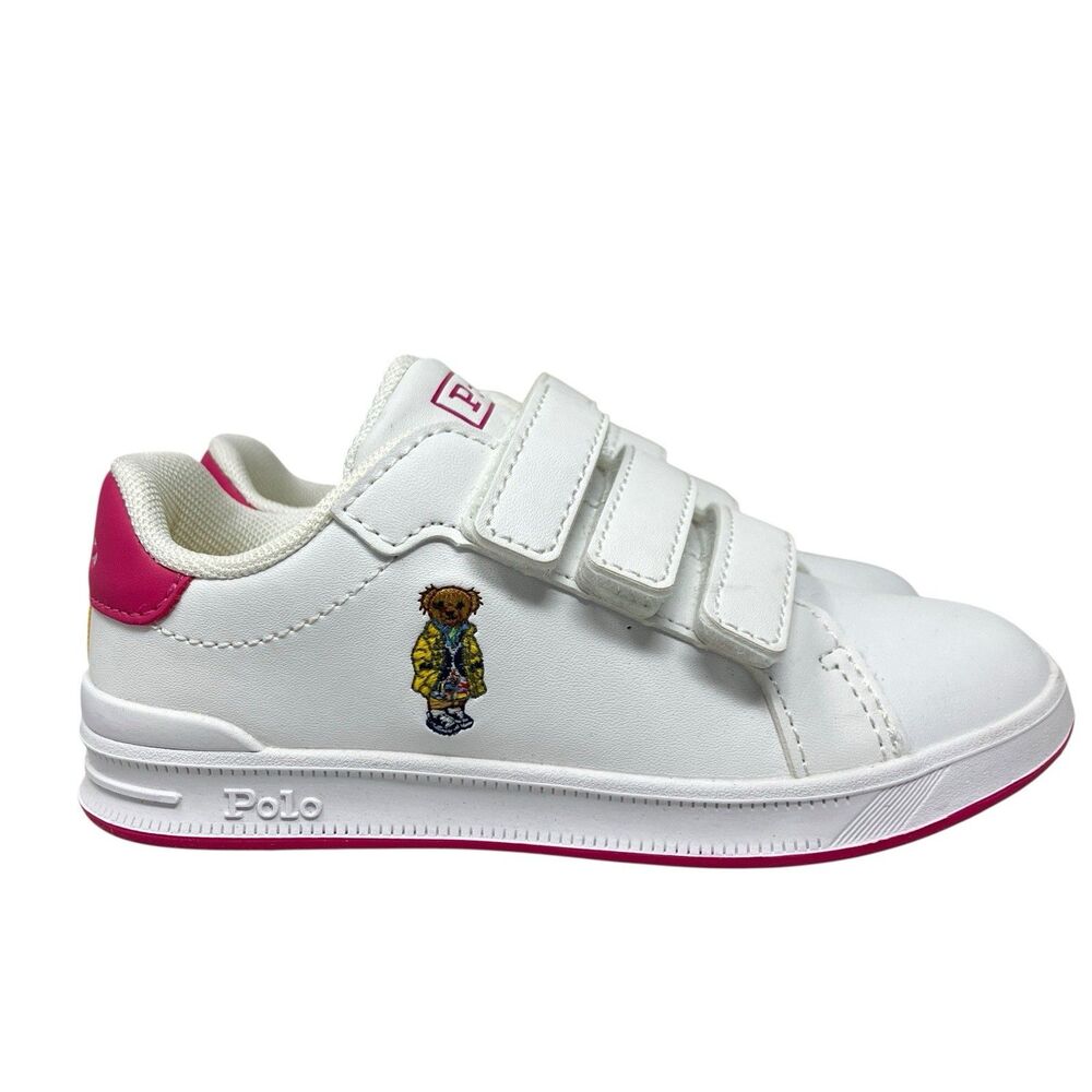 Polo Ralph‎ Lauren Kids Sneakers Girls 10 White Pink Bear Hook-and-Loop Spring